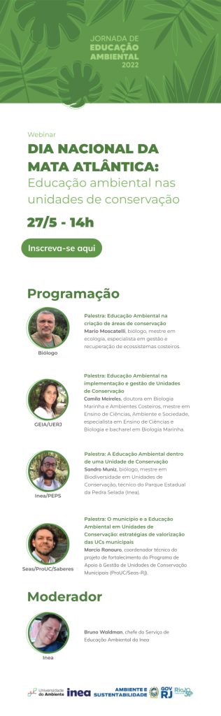 Cartaz com a programação do webinar "Dia Nacional da Mata Atlântica: Educação ambiental nas unidades de conservação"