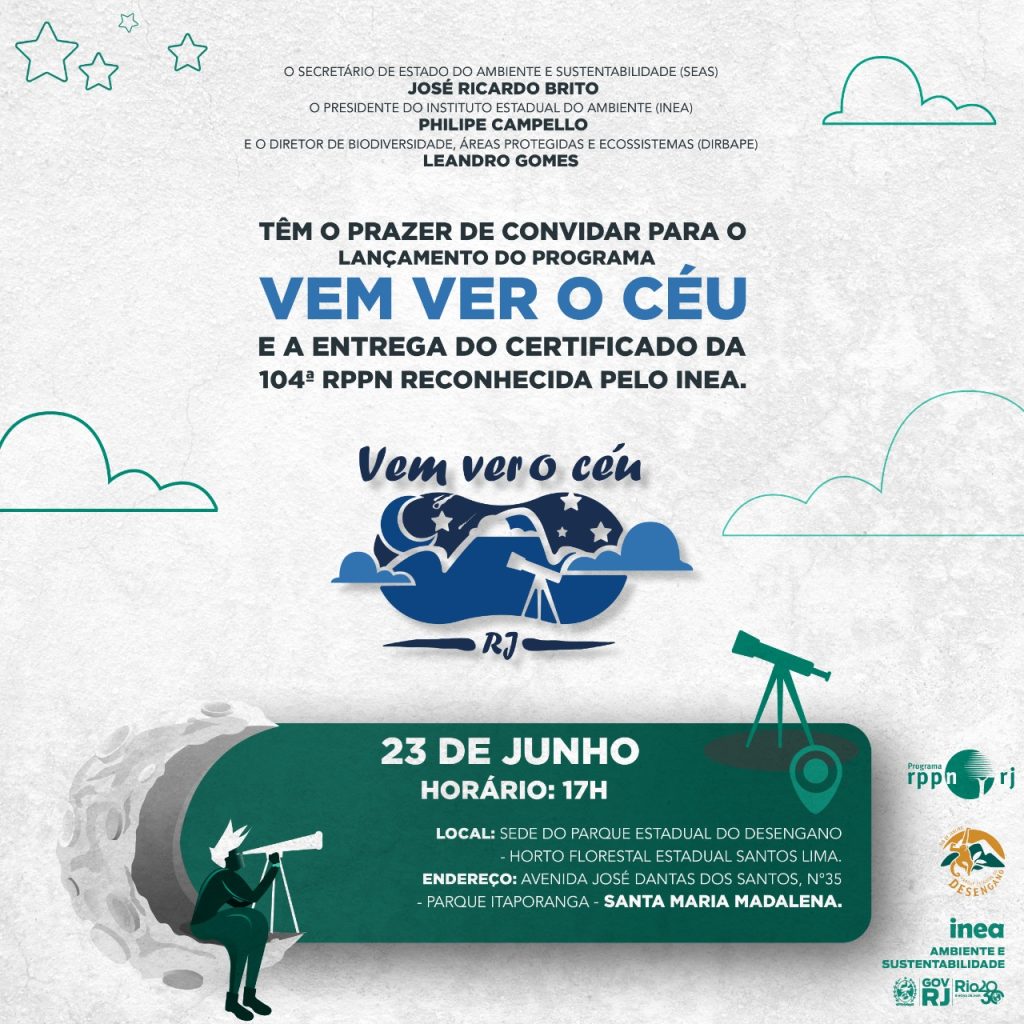 Convite para o lançamento do programa de observação de astros e unidades de conservação "Vem Ver o Céu", que acontece nesta quinta-feira (23/06).
